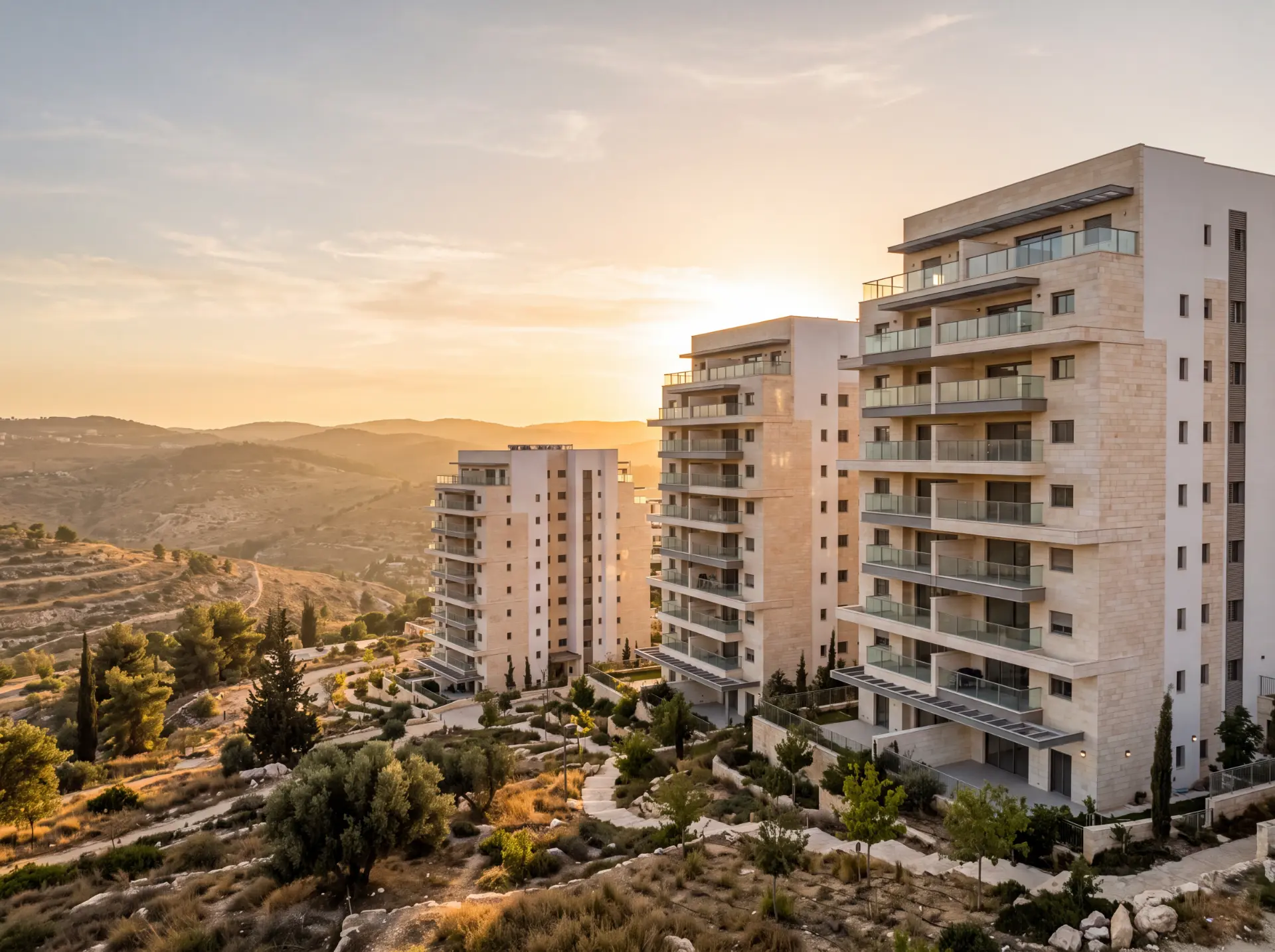 Apartment towers on an Israeli hillside at sunset